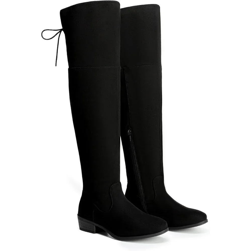 Women's Black Textile Over The Knee High Low Block Heel Pointed Toe Riding Boots